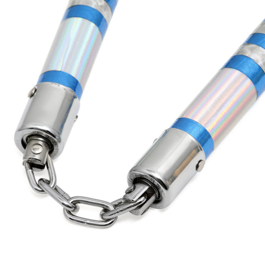 Chrome Spiral Competition Lotus Wood Nunchaku - Silver/Blue
