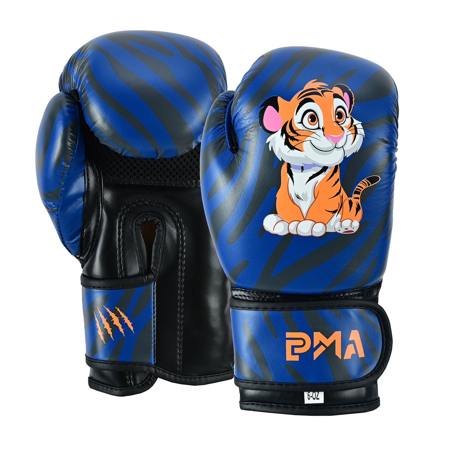 PMA Kids Blue Tiger Muay Thai Boxing Gloves & Shin Pads Set