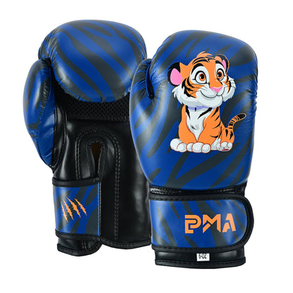 PMA Kids Blue Tiger Muay Thai Boxing Gloves & Shin Pads Set