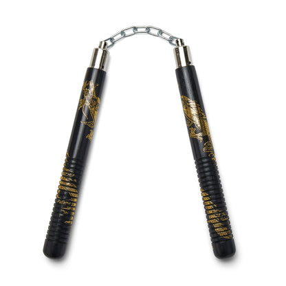 Black Wooden Gold Dragon Nunchucks Chain (SF-95) - 12"  - NEW