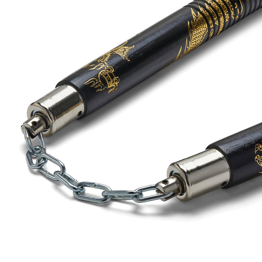 Black Wooden Gold Dragon Nunchucks Chain (SF-95) - 12"  - NEW